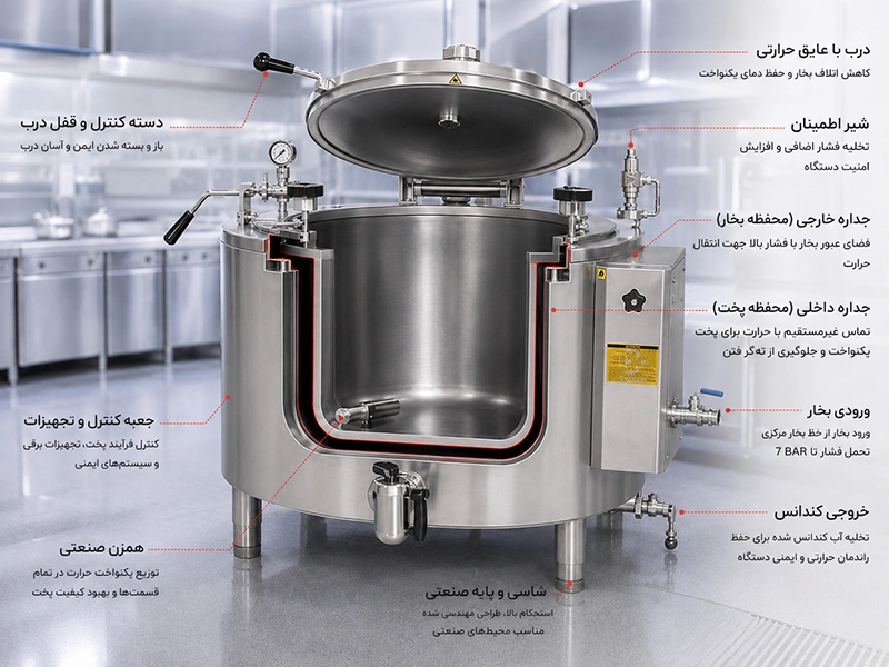 دیگ دوجداره صنعتی کندری کوک با مکانیزم پخت بخار و جلوگیری از ته گرفتن