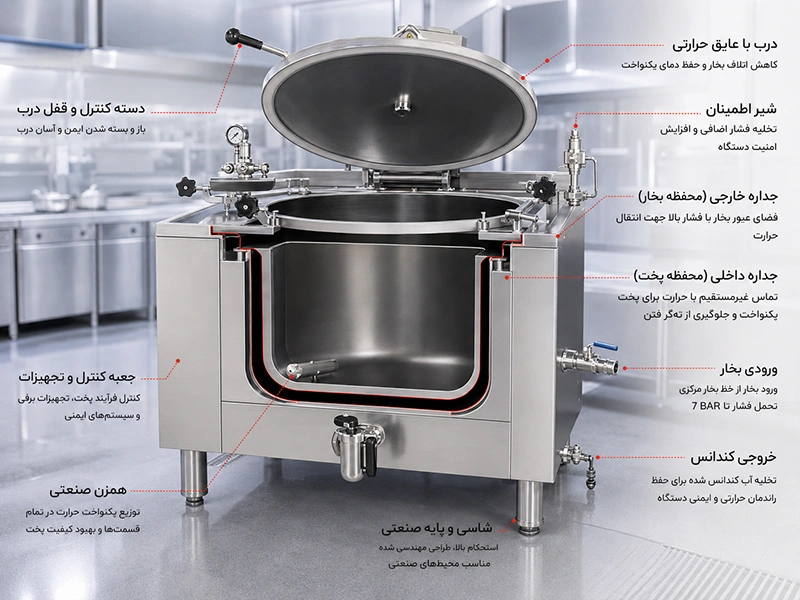 دیگ دوجداره صنعتی کندری کوک با مکانیزم پخت بخار و جلوگیری از ته گرفتن